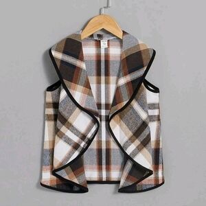 💖 Girl's Plaid Waterfall Collar Contrast Binding Vest Size 7
